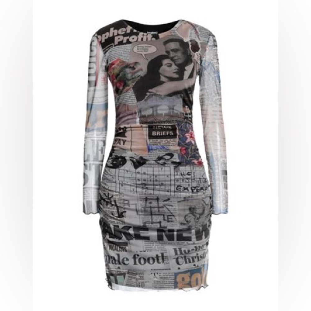 DESIGUAL Breaking News Tulle Newsprint Long Sleeve Mini Dress - Picture 7 of 7